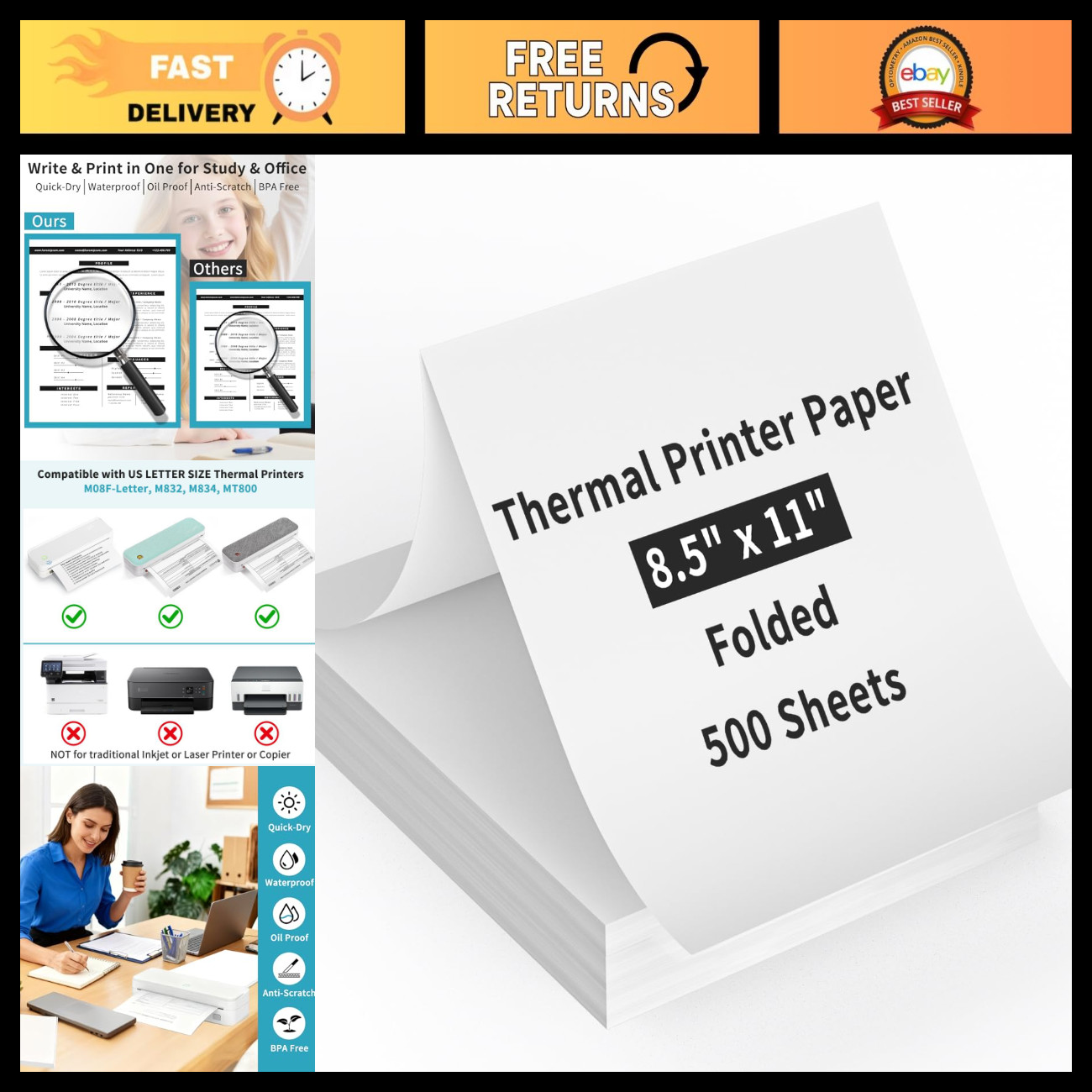 500 Sheets Thermal Paper 8.5"x11" for Portable Printers, US Letter Size, High Qu