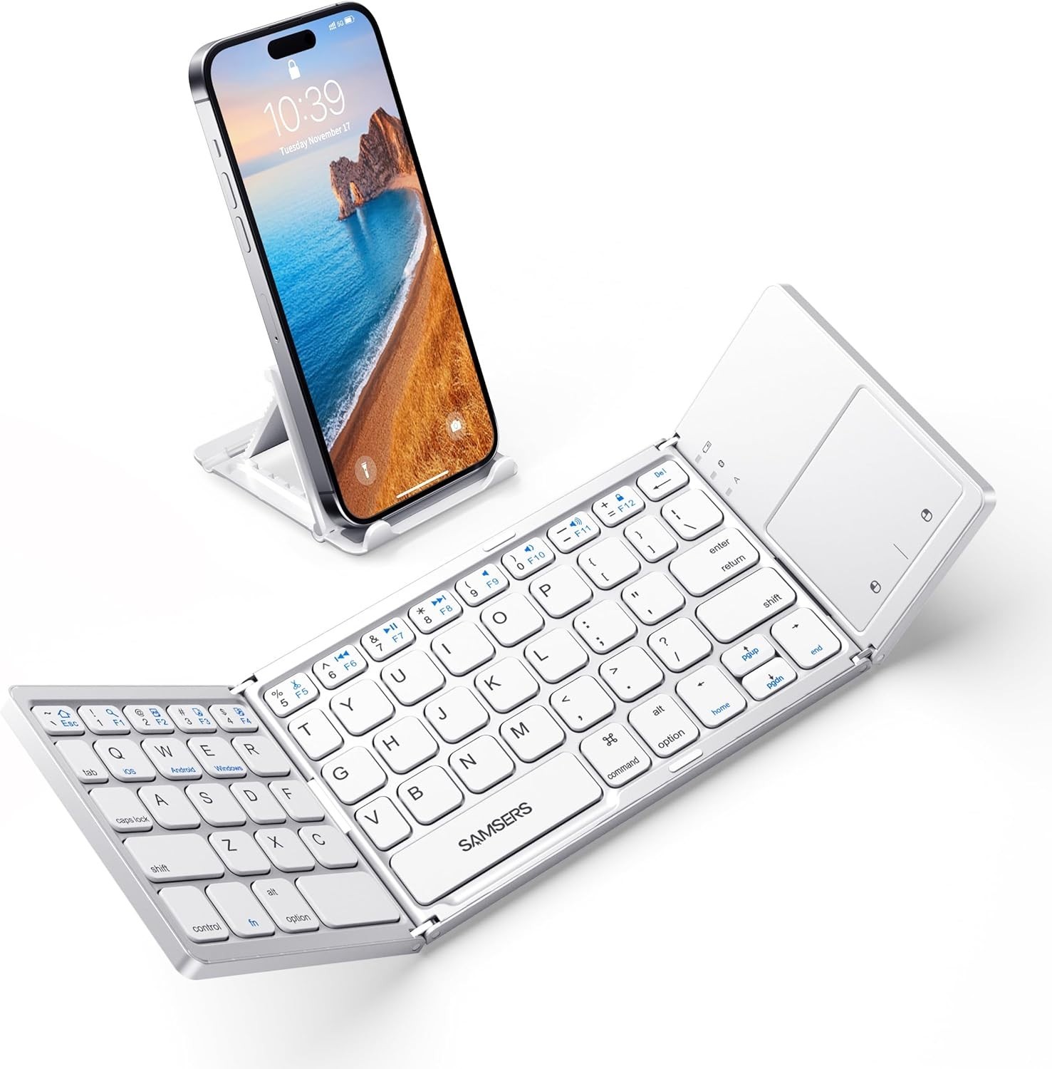 Samsers Foldable Bluetooth Keyboard with Touchpad - Portable Wireless, Silver