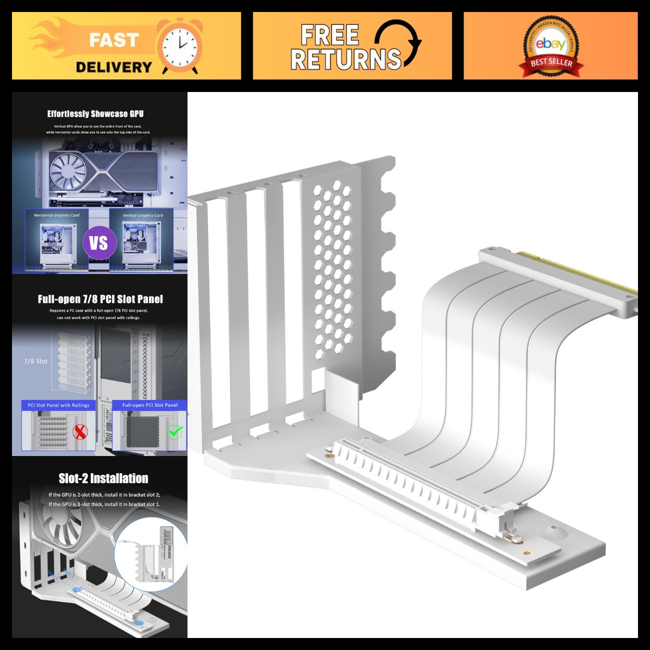 Vertical GPU Mount Bracket for PCIe 4.0 - 2-Slot, Open 7-Slot PCI Panel