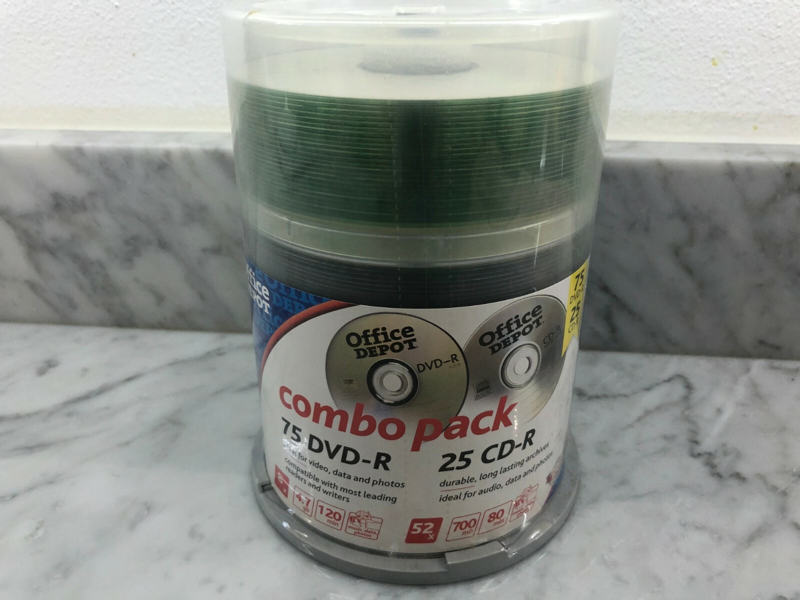 NEW OFFICE DEPOT COMBO PACK 25-CD-R/75 DVD+R DISCS FOR RECORDING DATA and VIDEO