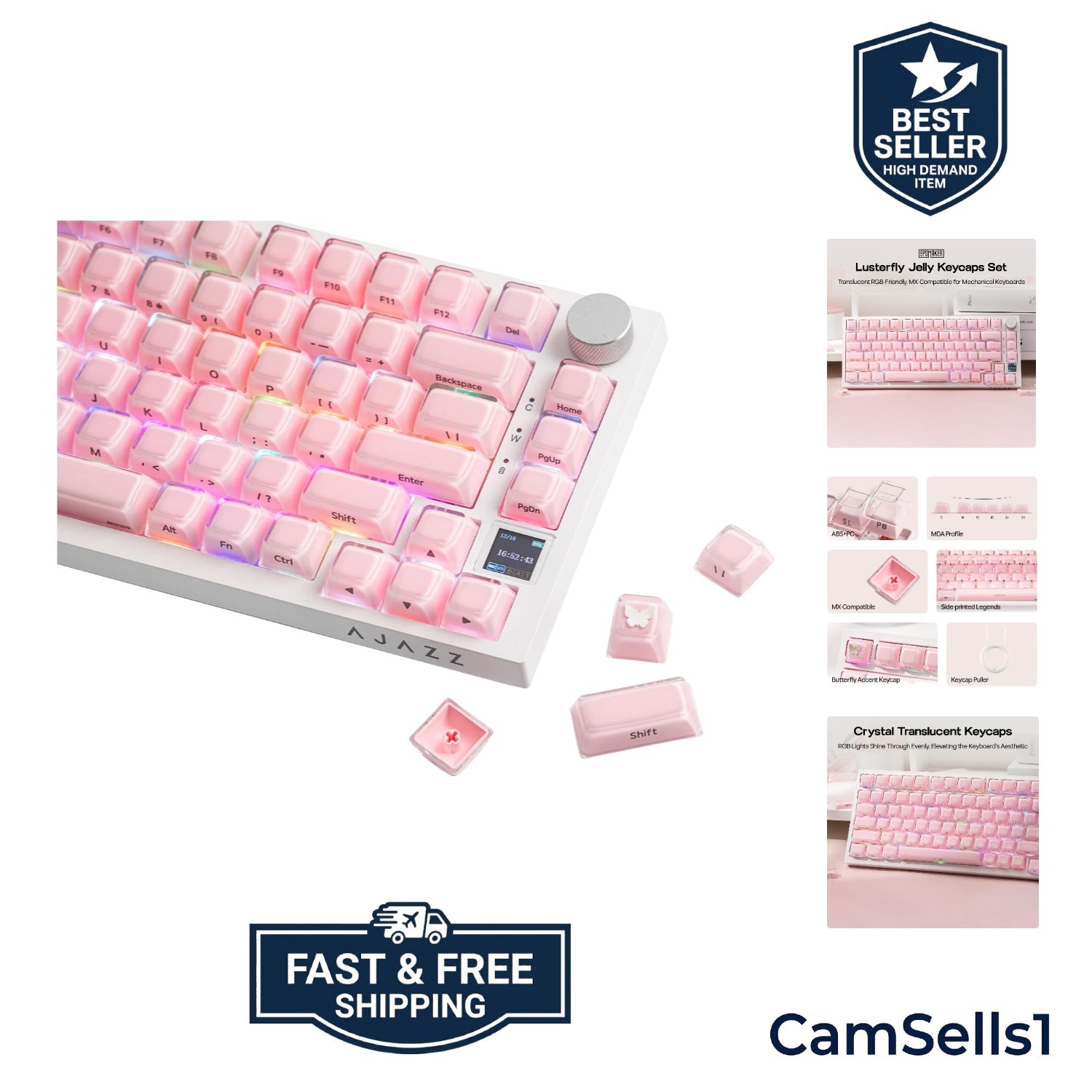 123 Crystal Jelly Keycaps Set - Double-Shot Laser Engraved Pink Butterfly Accent