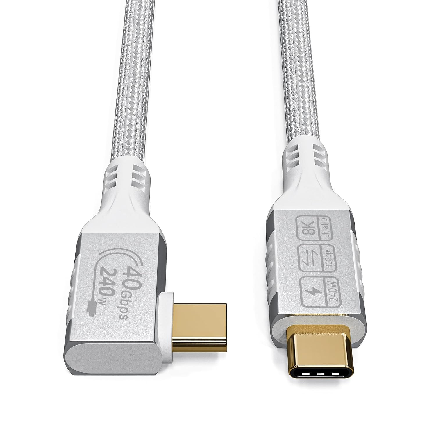 Right Angle Short Thunderbolt 4 Cable 90 Degree 240W 40Gbps 8K White 0.82Ft