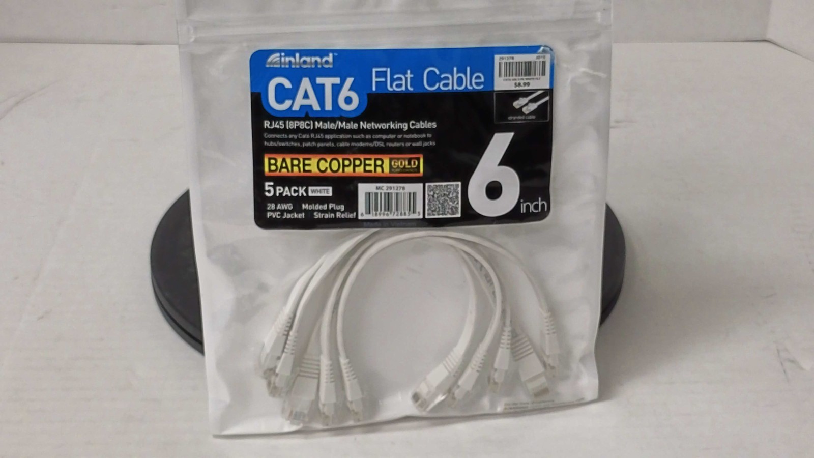 Inland Cat6 Flat Cable RJ45 (8P8C) Male/Male Network Cables, White, 6 in, 5-pack
