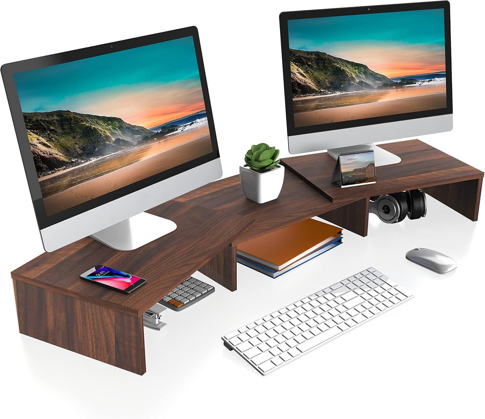 Dual Monitor Stand Riser Adjustable Length and Angle Brown for Two Monitors