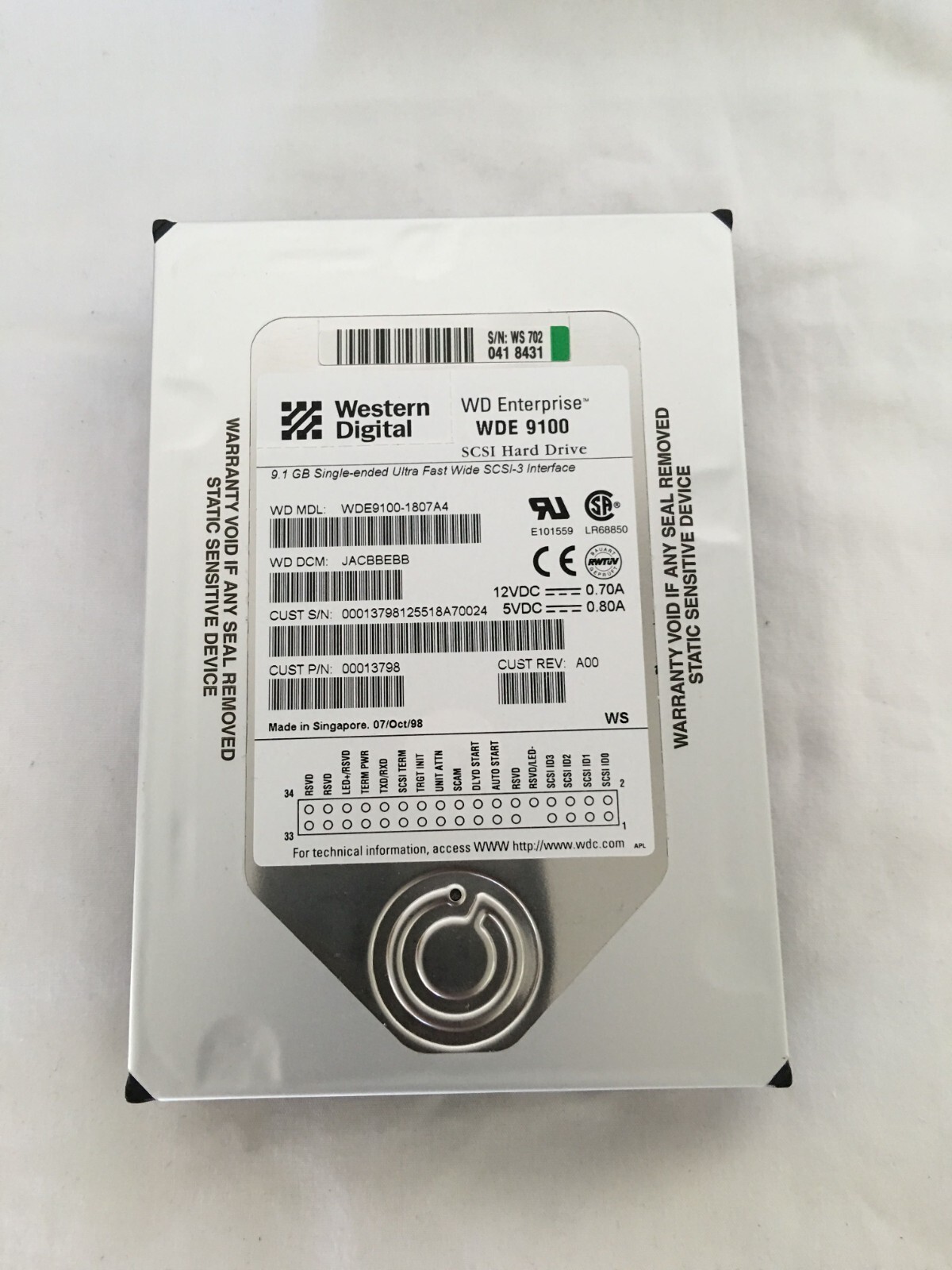 9.1GB 68 PIN SCSI INTERNAL HARD DISK DRIVE WESTERN DIGITAL WDE91001-1807AA 1" LP
