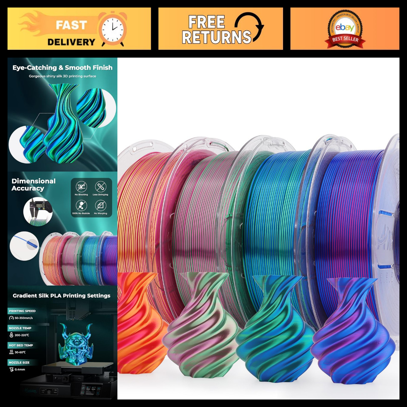 Shiny Dual Color PLA 3D Printer Filament Bundle - 1.75mm Multi Color Change, 4 S