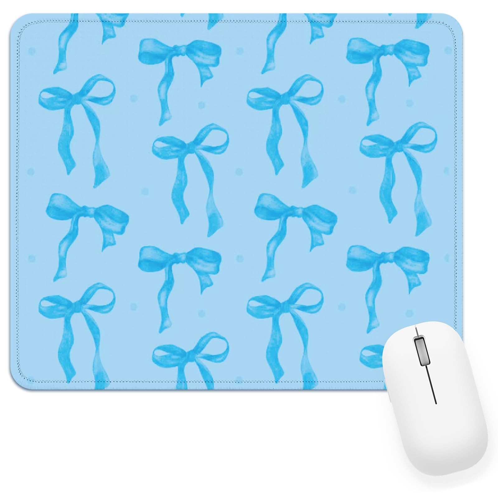 Blue Bow Mouse Pad with Stitched Edge, Blue Mouse Pad for Computer Laptop Non...
