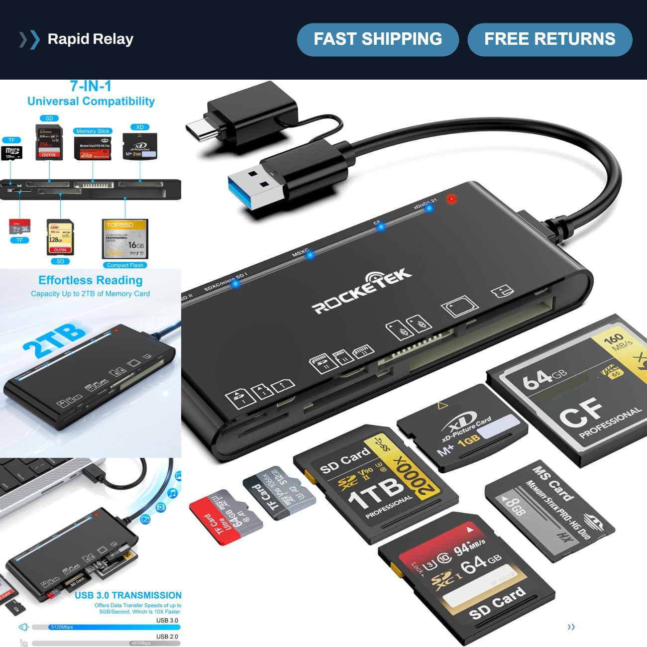 7-in-1 USB 3.0 & USB-C Multi Card Reader for SD, Micro SD, CF, MS, xD - Windows,