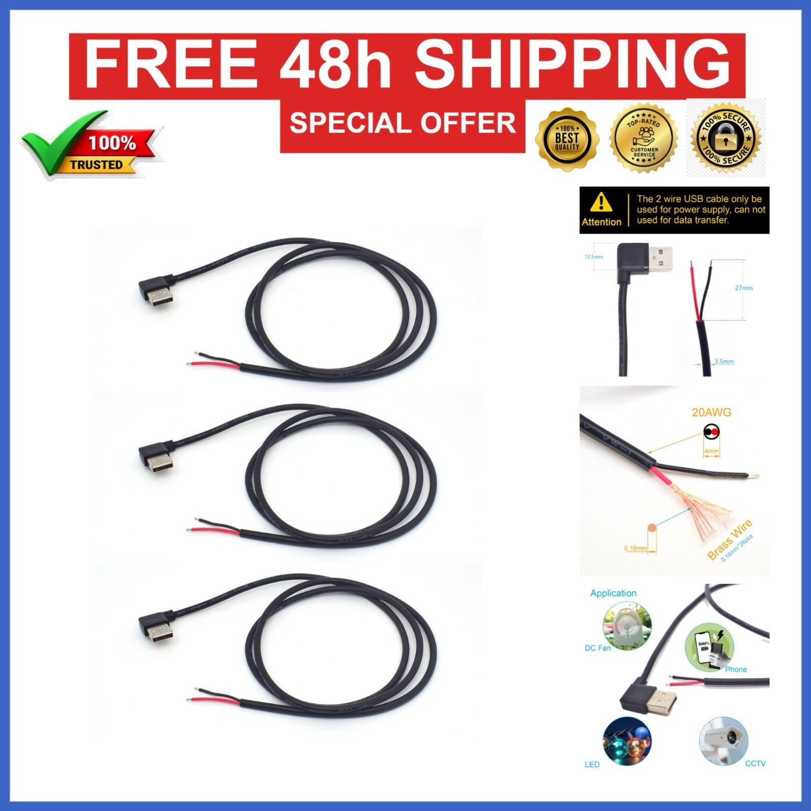 3PCS 20AWG USB Pigtail 90 Degree Male Plug Cable 1M for DIY Repair