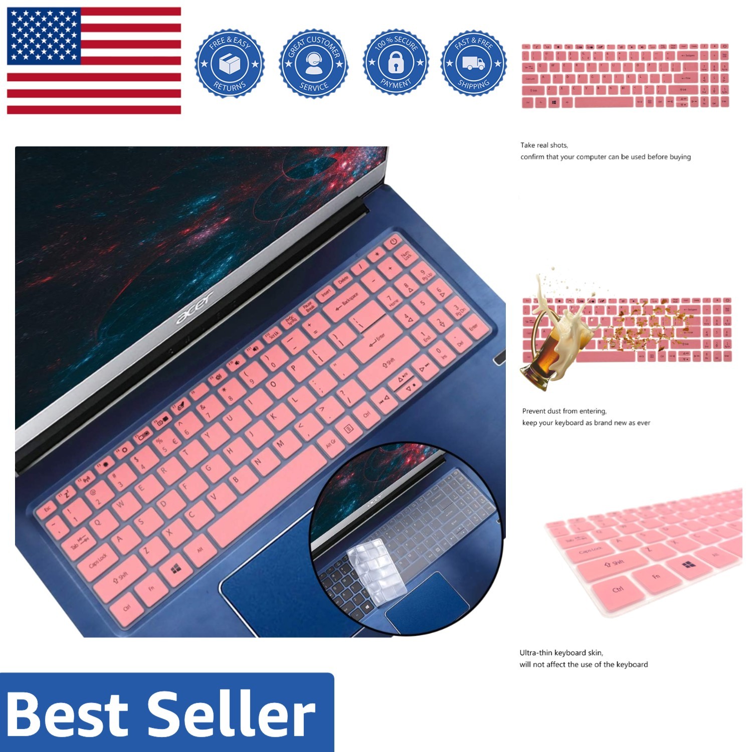 2-Pack Dustproof Silicone Keyboard Covers for Acer 15.6” Laptops - Pink & Clear