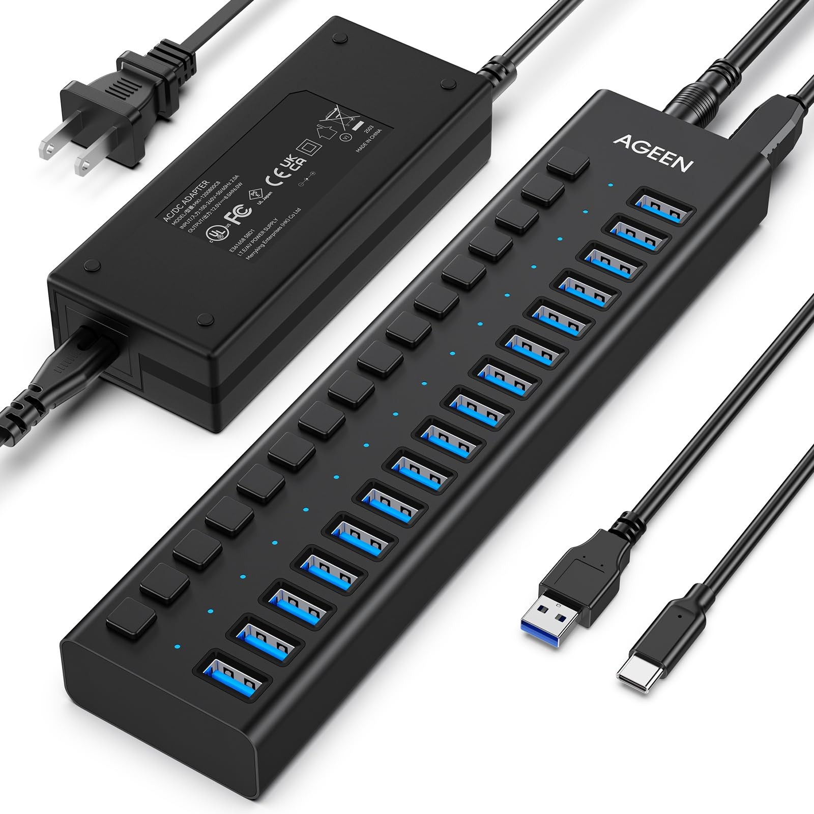 16-Port Powered USB 3.2 Hub, 10Gbps Data Transfer, 96W Power Adapter