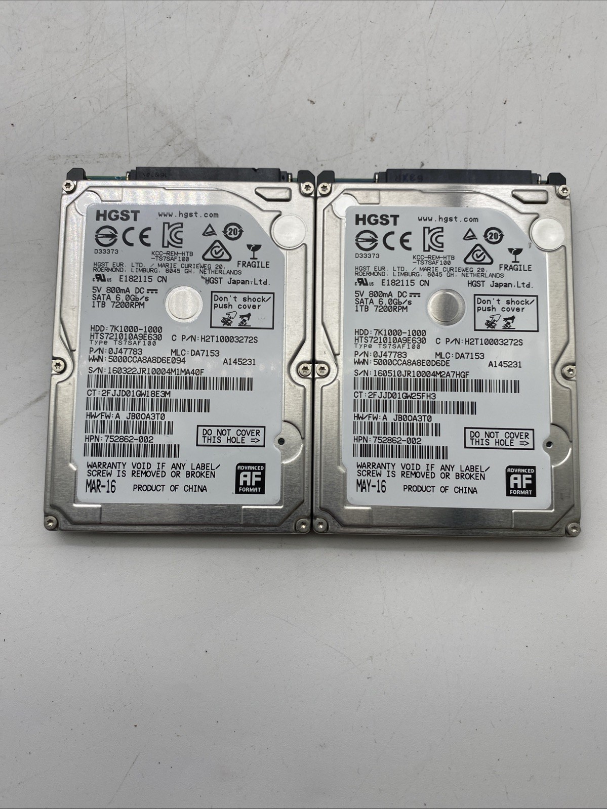 Lot2 HGST Travelstar 1TB 7.2K RPM 6Gb/s SATA HTS721010A9E630 0J22423 100% Health