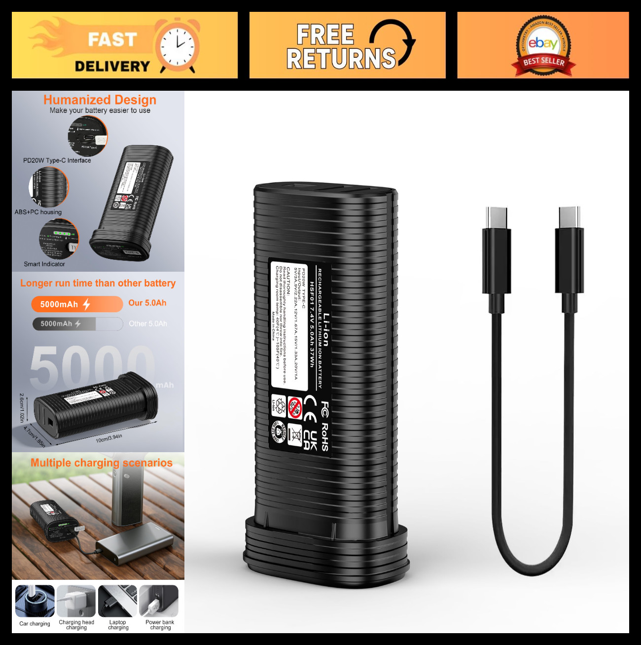 5000mAh 7.4V Rechargeable Battery Pack for Compressed Air Duster, High Capacity,