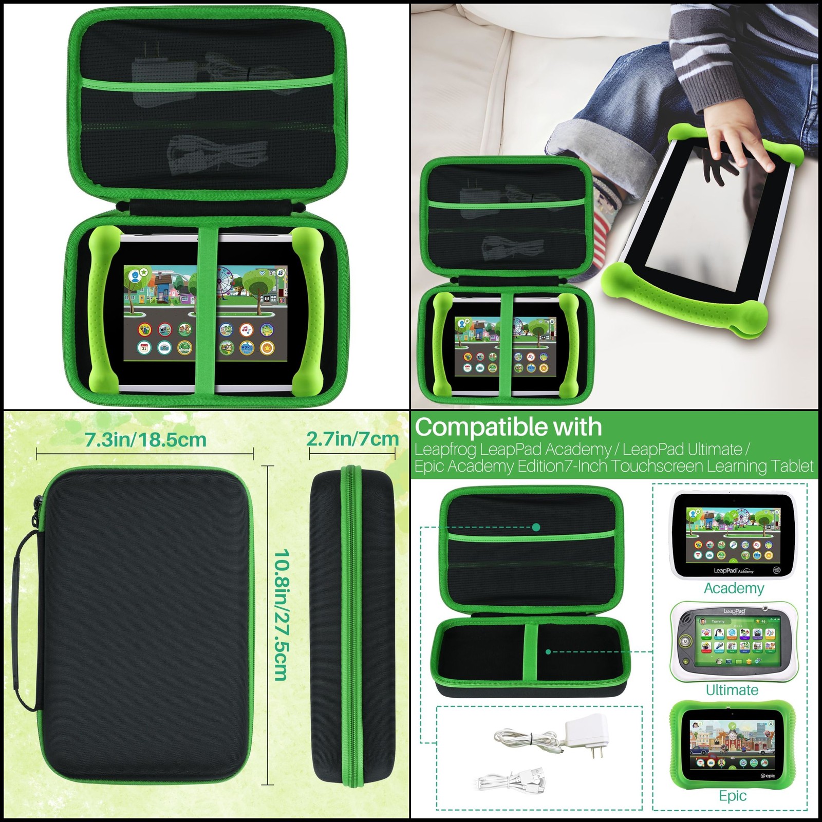 Storage Case for Leapfrog LeapPad Ultimate Epic Academy 7" Tablet Black & Green
