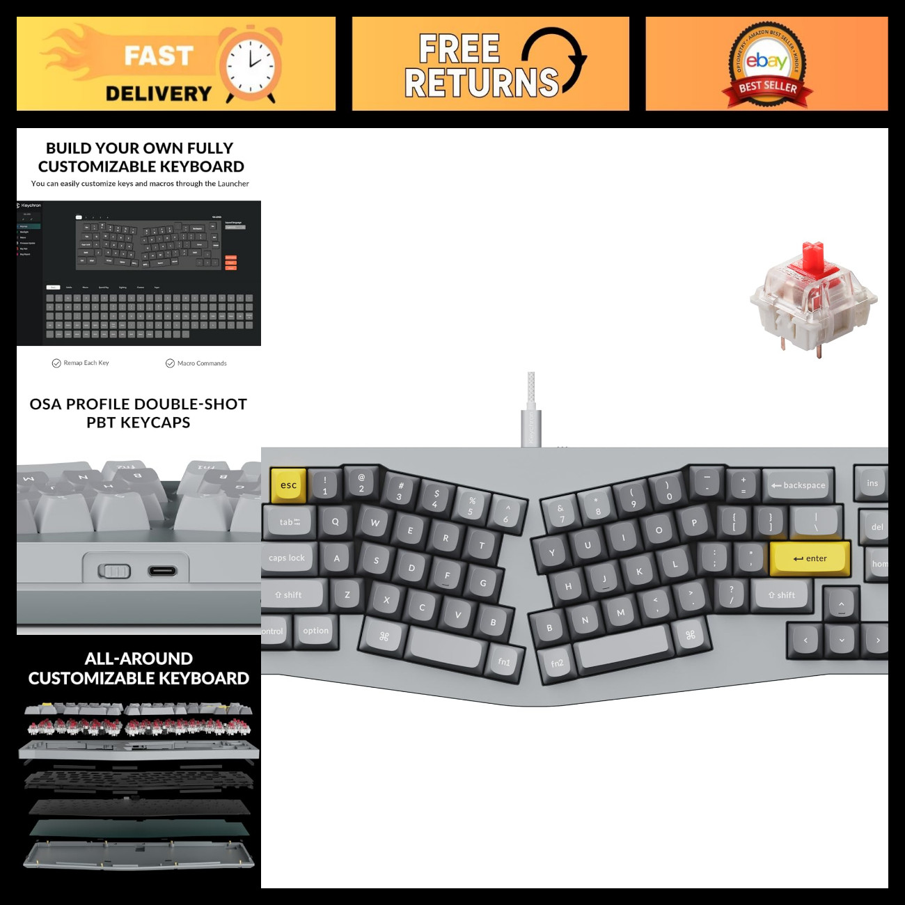Custom Mechanical Keyboard 65% Alice Layout QMK/VIA Hot-Swappable Gateron Red Sw