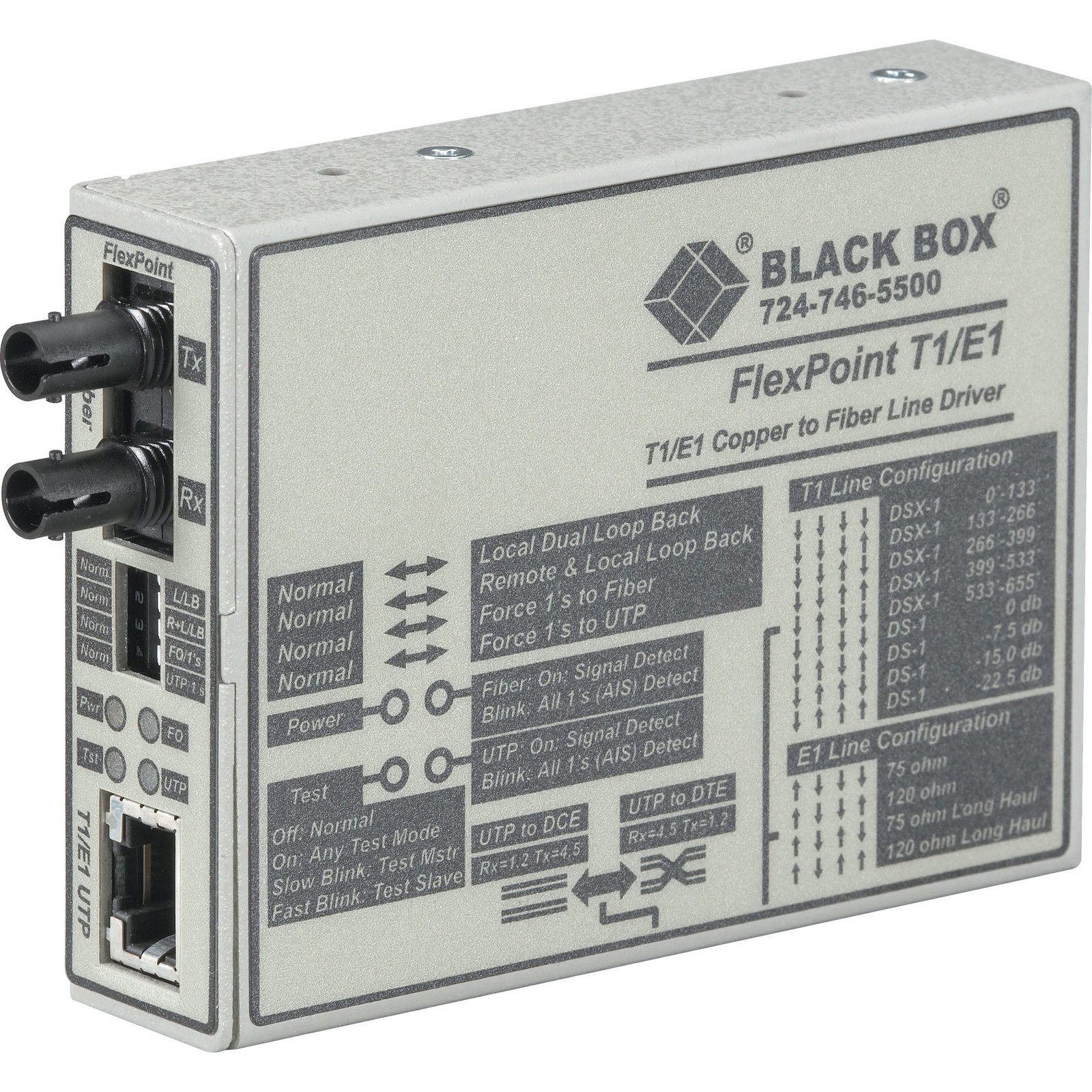 Black Box FlexPoint T1/E1 to Fiber Converter - 1 x RJ-48 - 1 x ST Duplex - T1/E1