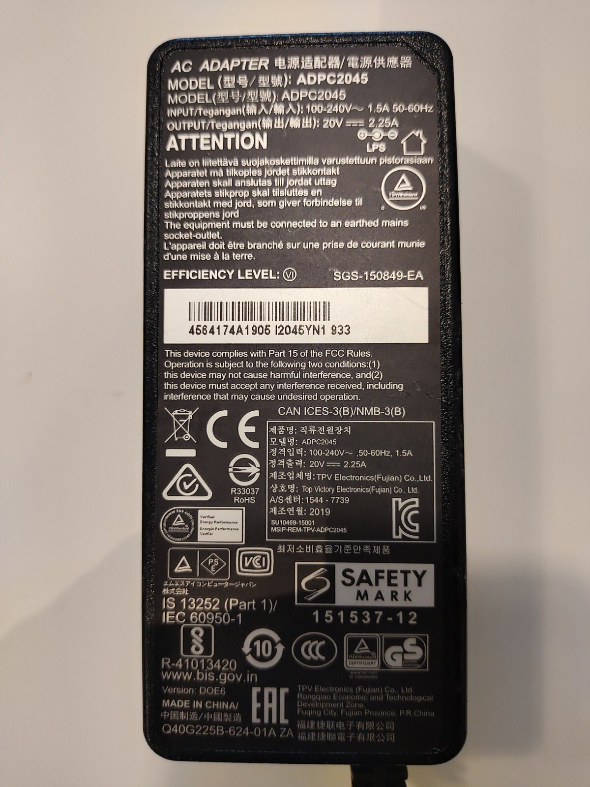 Genuine TPV AC Adapter Power Supply for MSI AOC Monitors ADPC2045 20V 2.25A 45W 