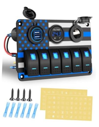 6 Gang Aluminum Rocker Switch Panel with American Flag Pattern ON/Off blue