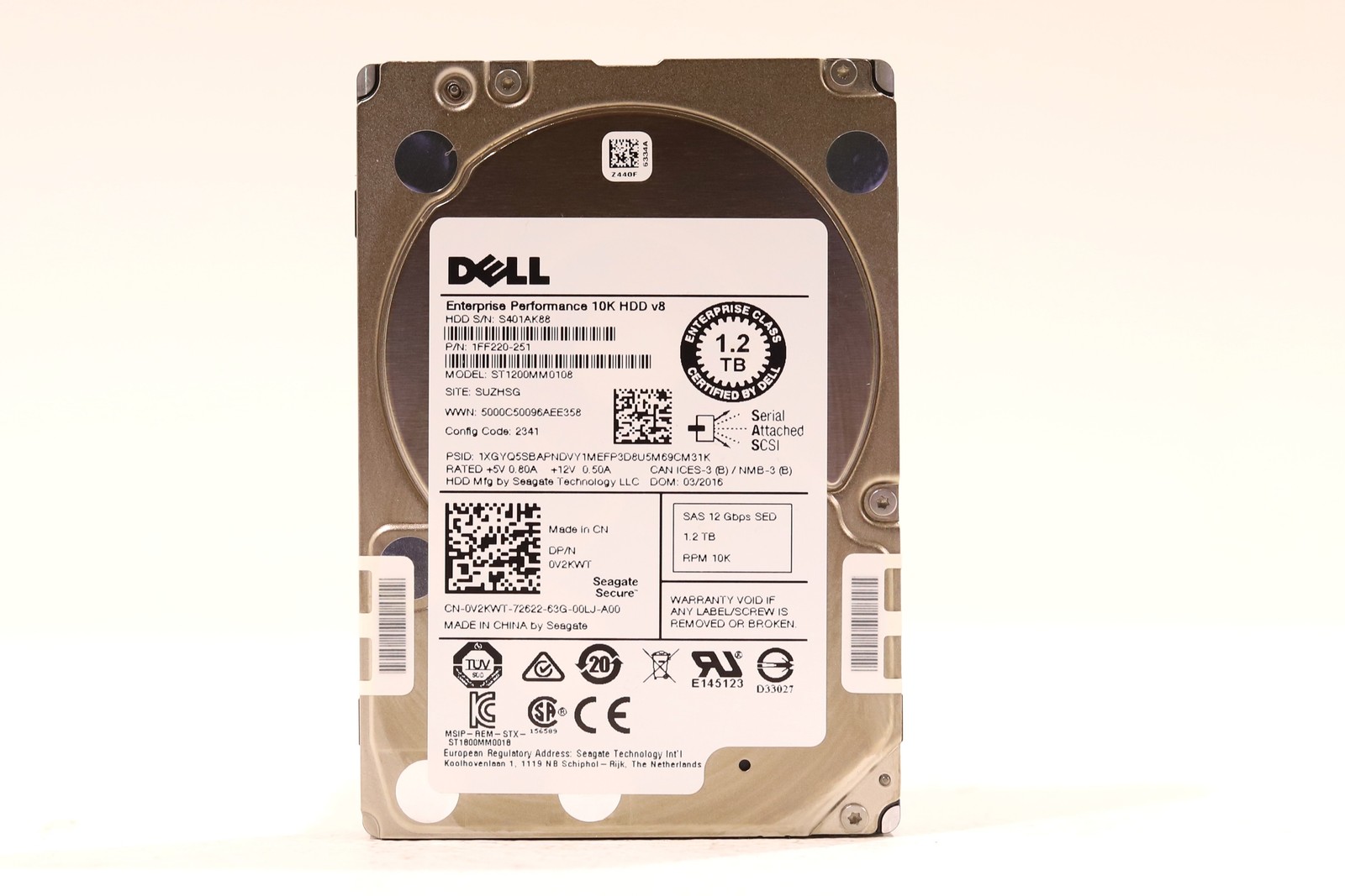 Dell ST1200MM0108 1.2TB 2.5" 12Gb/s 10K RPM SED SAS Hard Drive Dell P/N: 0V2KWT