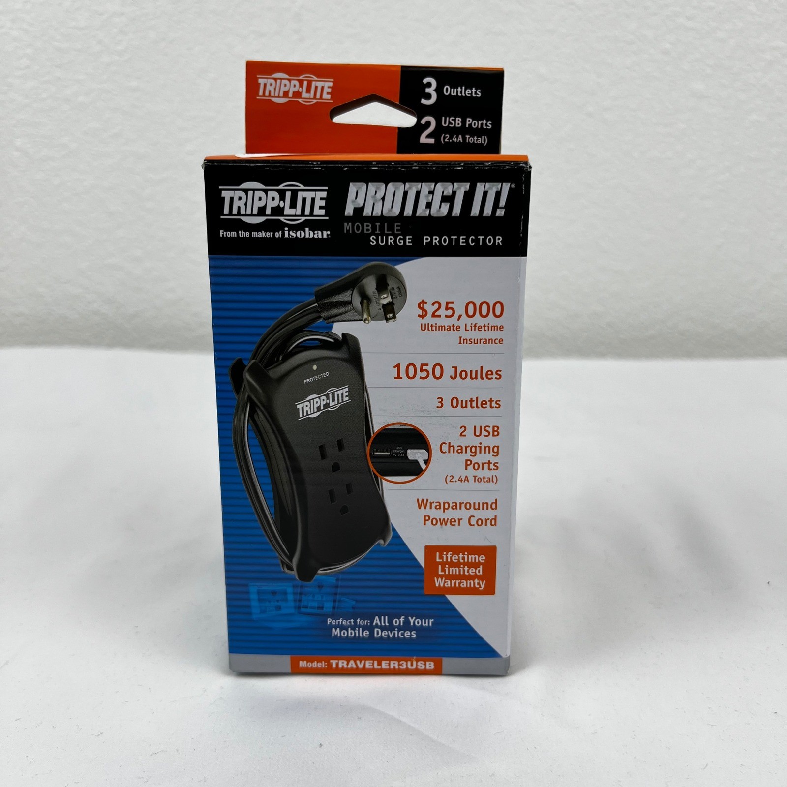Tripp Lite TRAVELER Mobile Surge Protector 3 Outlets 2 USB Ports 1050 Joules