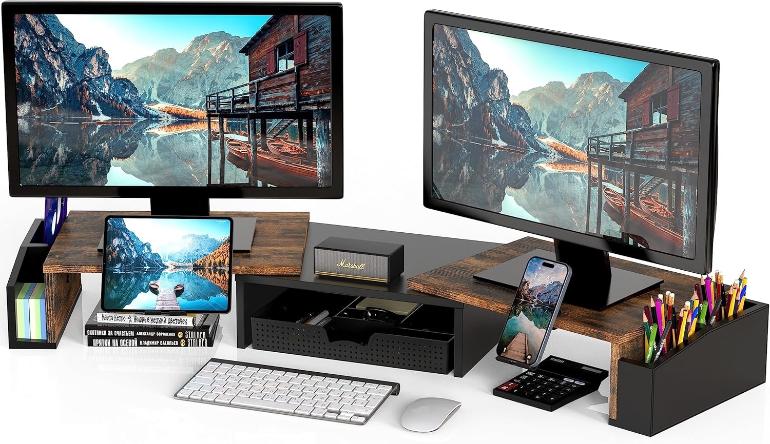 Desk Dual Monitor Stand Riser W/ Drawer Rustic Brown Wood Grain Finish