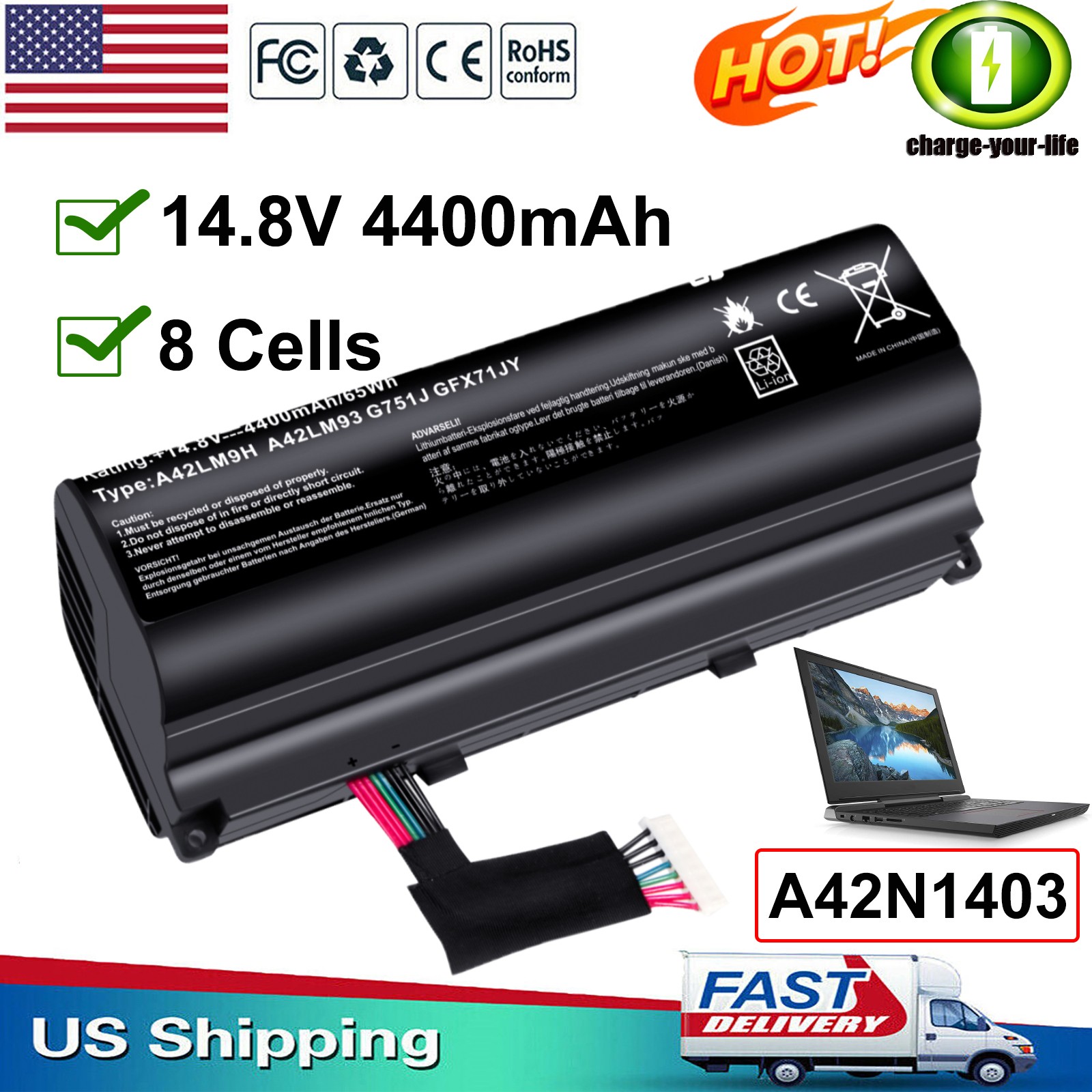 NEW A42N1403 G751 Battery for ASUS ROG G751J-BHI7T25 A42LM93 GFX71JY 4ICR19/66-2