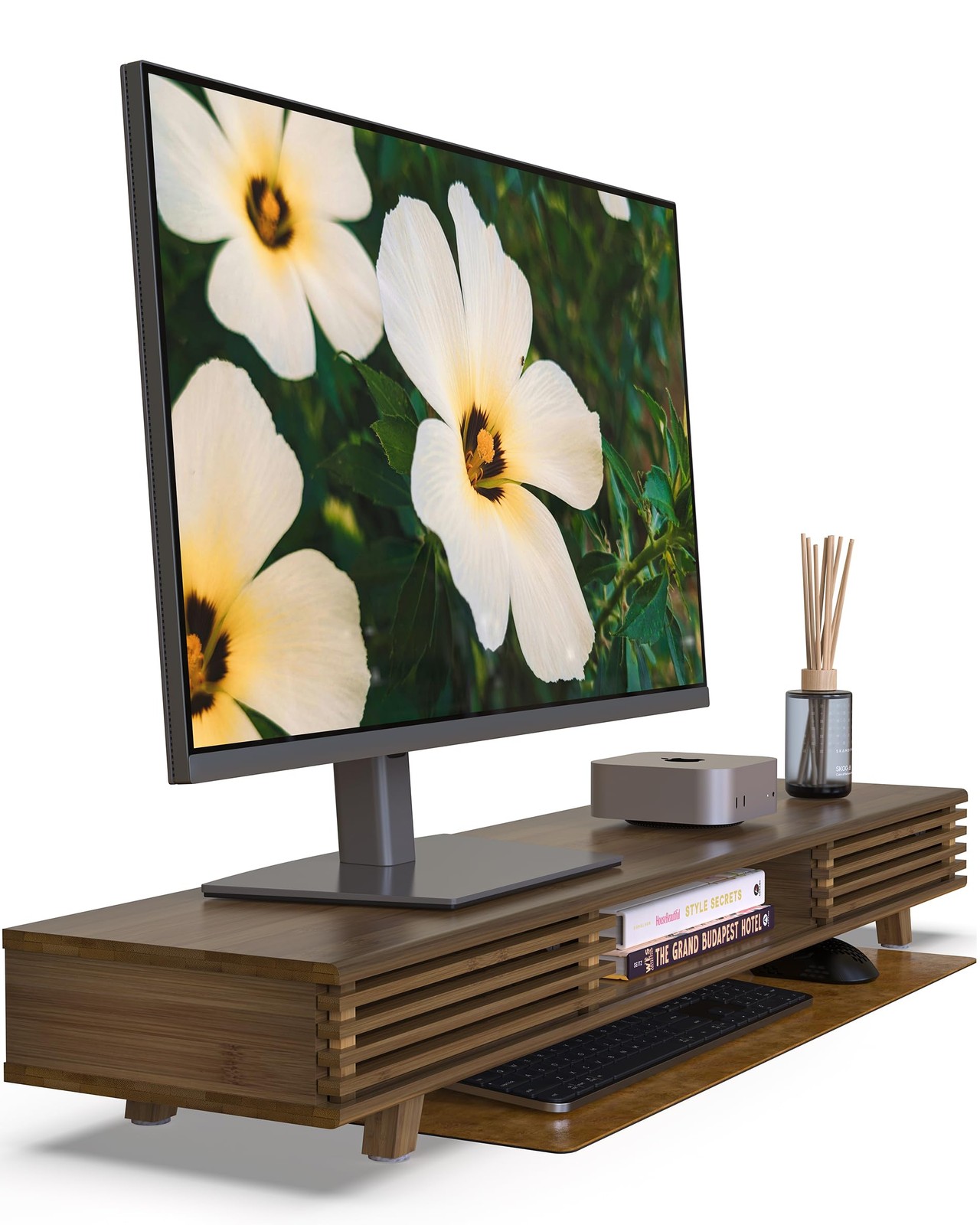 WELL WENG Monitor Stand Riser,Wood Desk Shelf with 2 Tier Storage
