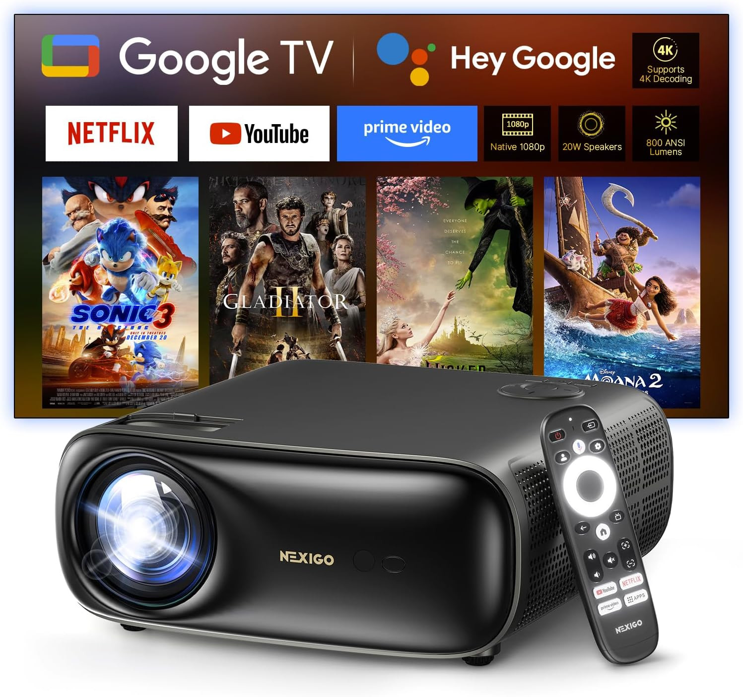 Pro Google TV Projector 1080P 4K Support AI Image Enhancement Wi-Fi & Bluetooth