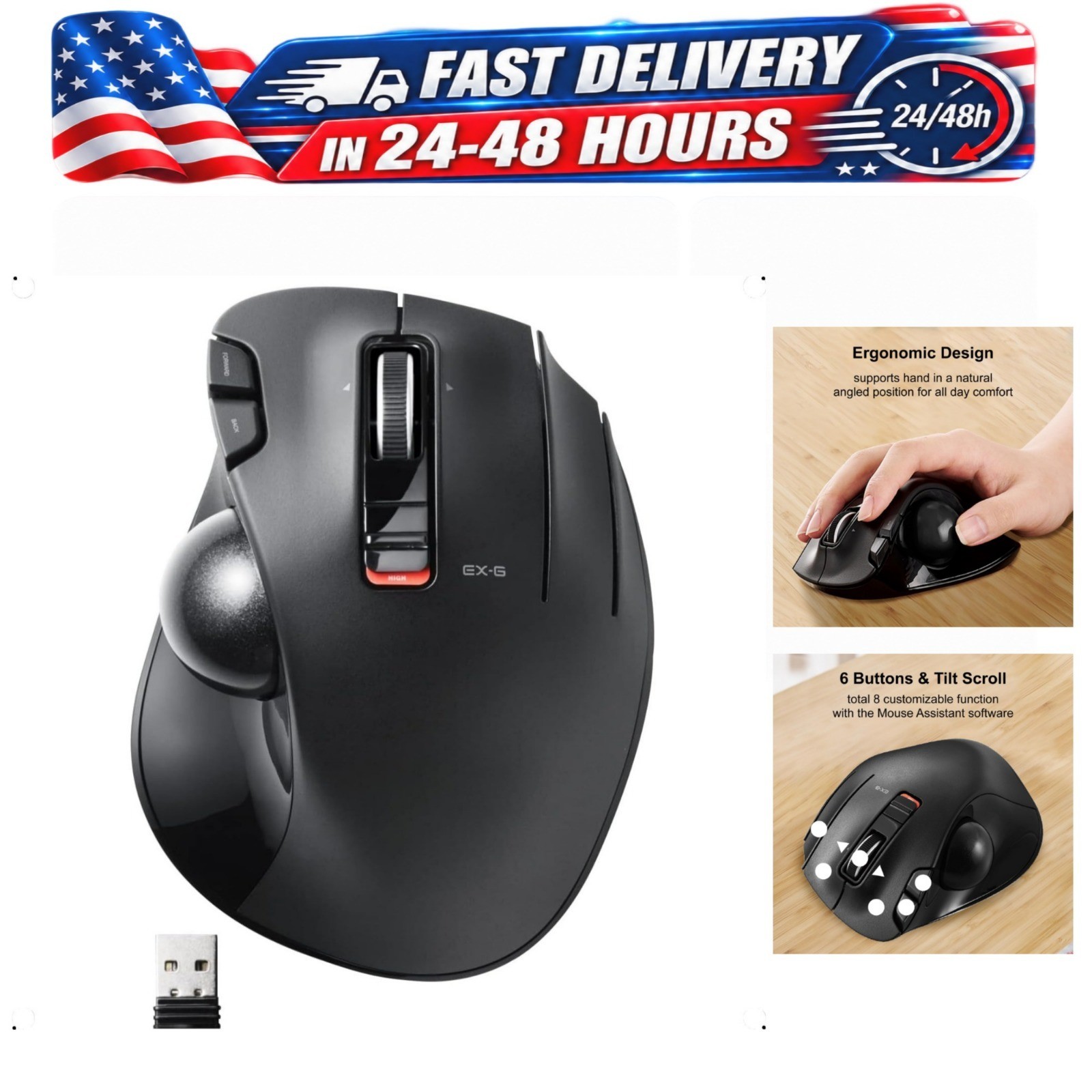 ELECOM EX-G Wireless Trackball Mouse, 2.4GHz Ergonomic Thumb Control, 6 Buttons