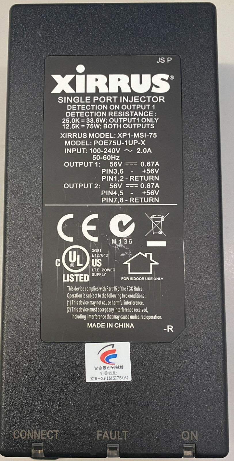 Xirrus (XP1-MSI-75) POE75U-1UP-X Single Port Injector 2 Output PoE