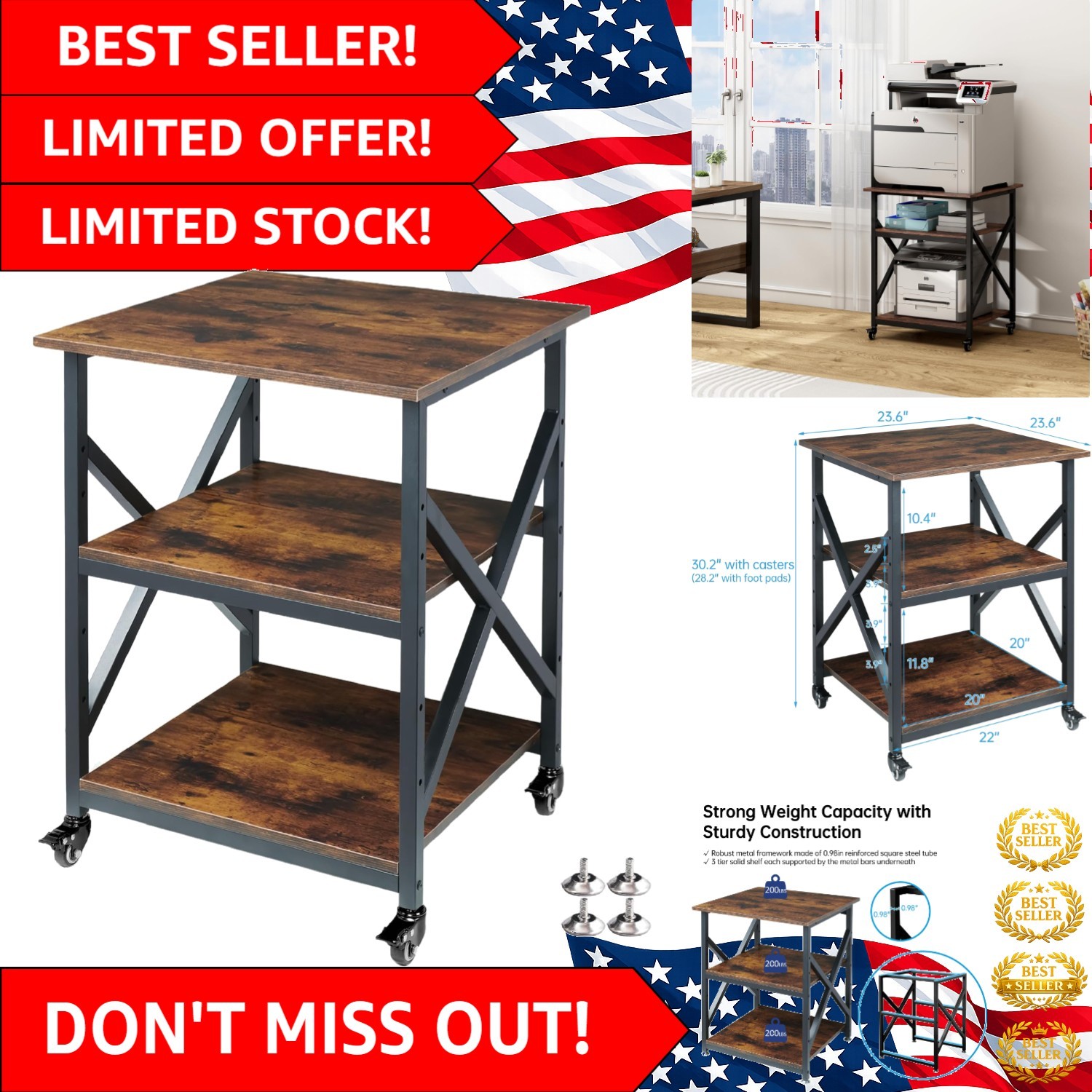 23.6" Large Printer Stand with Height Adjustable Shelves - Rustic Brown Elegance