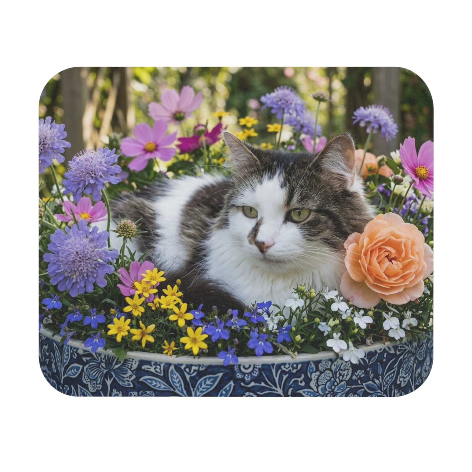 Cat in Flower Garden Mouse Pad