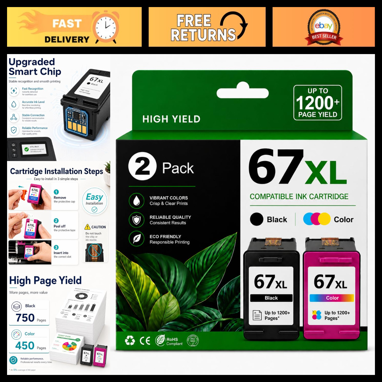 High-Quality 67XL Black & Color Ink Cartridges Combo Pack - 2 Pack, Compatible