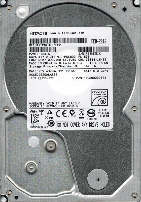 Hitachi HCS5C2020ALA632 P/N: 0F13415 MLC: MNL800 2TB