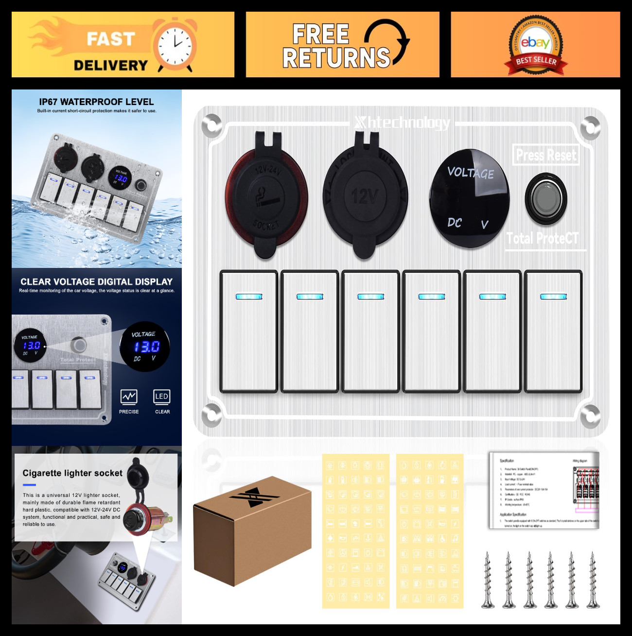 Waterproof 6 Gang Rocker Switch Panel with Dual USB & Voltmeter for Boats, RVs,