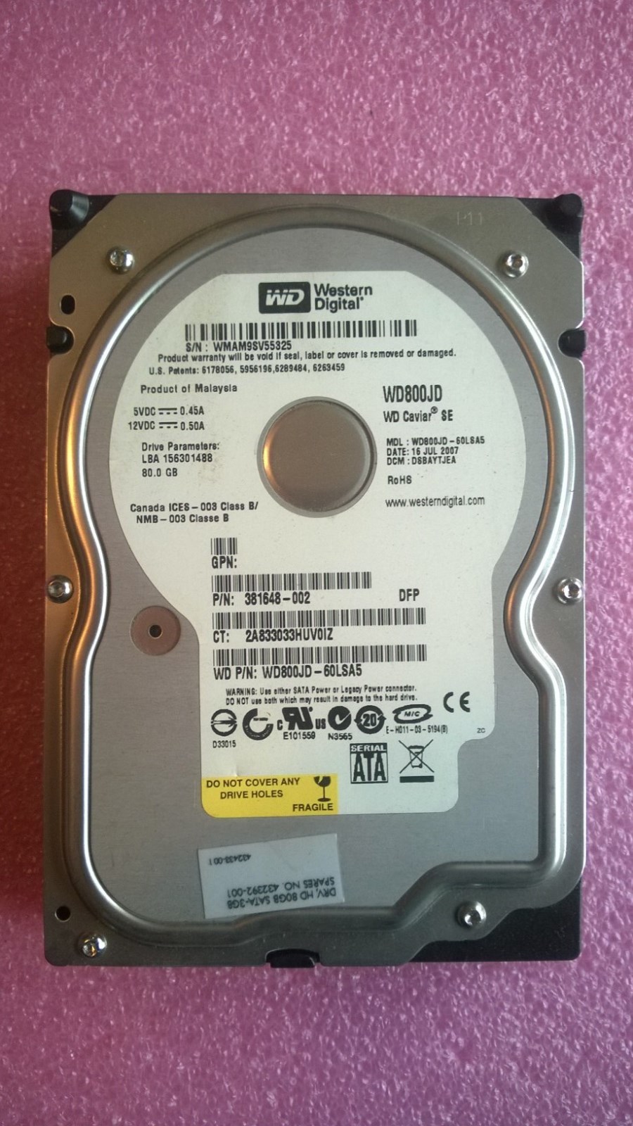 Western Digital WD800JD-60LSA5 80GB 7200RPM SATA 3.5" Hard Drive HP# 381648-002