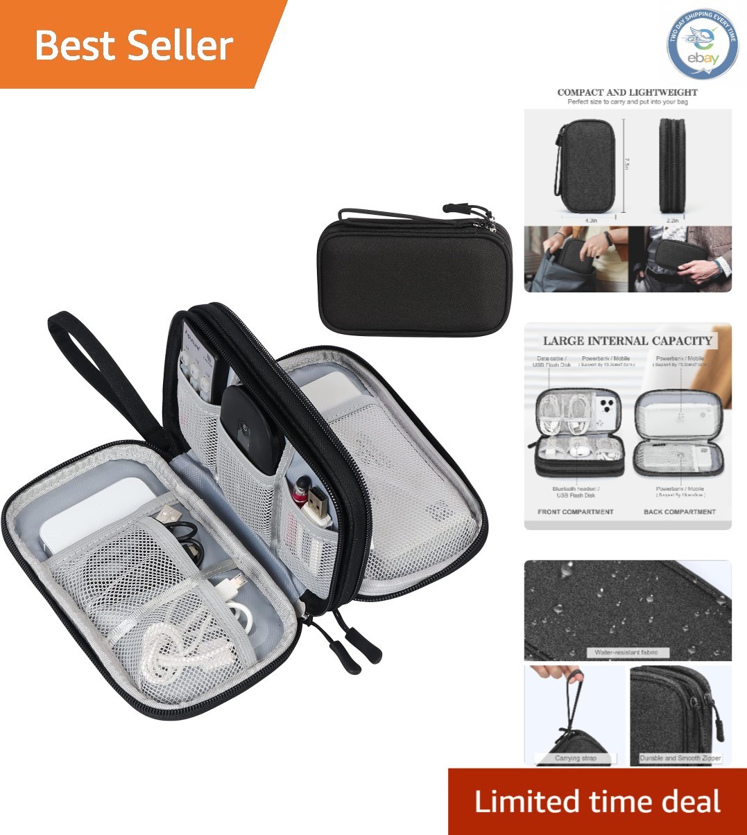 Portable Waterproof Travel Cable Organizer Pouch - Compact Double Layer Case