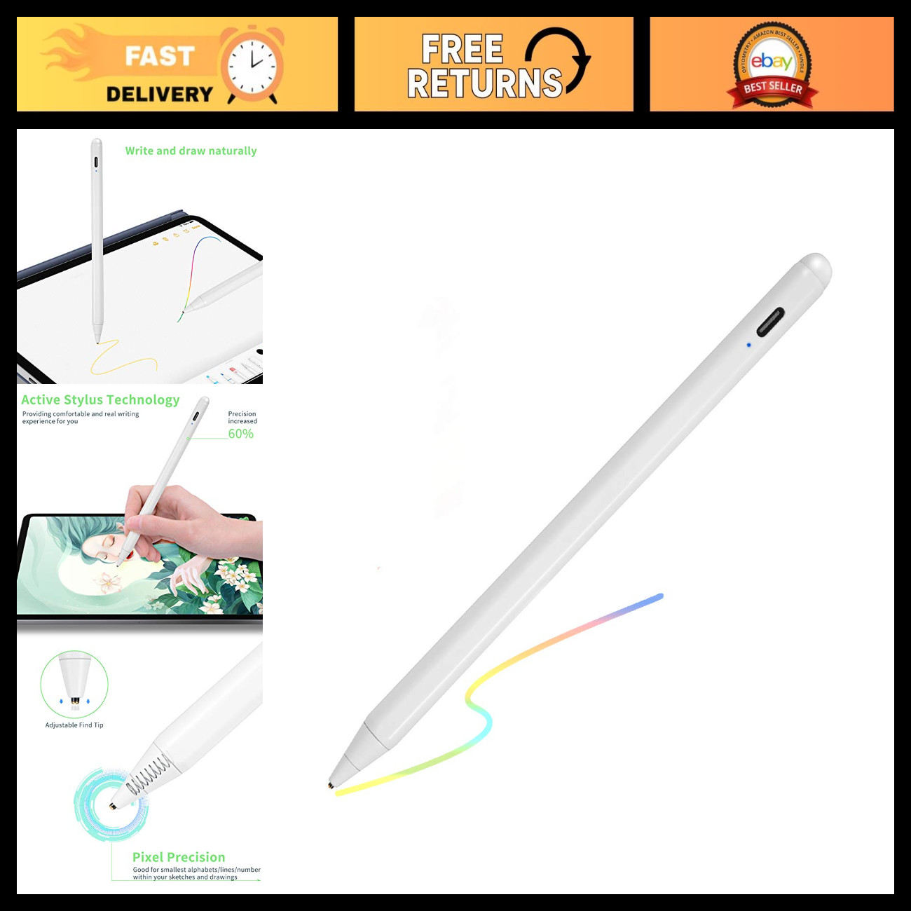 Rechargeable Active Stylus for iPad 5th Gen 9.7" - Capacitive Drawing Pen, White
