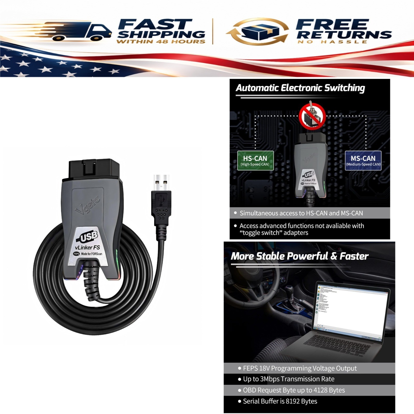 vLinker FS OBD2 USB Adapter for FORScan HS/MS-CAN Auto Switch Vgate