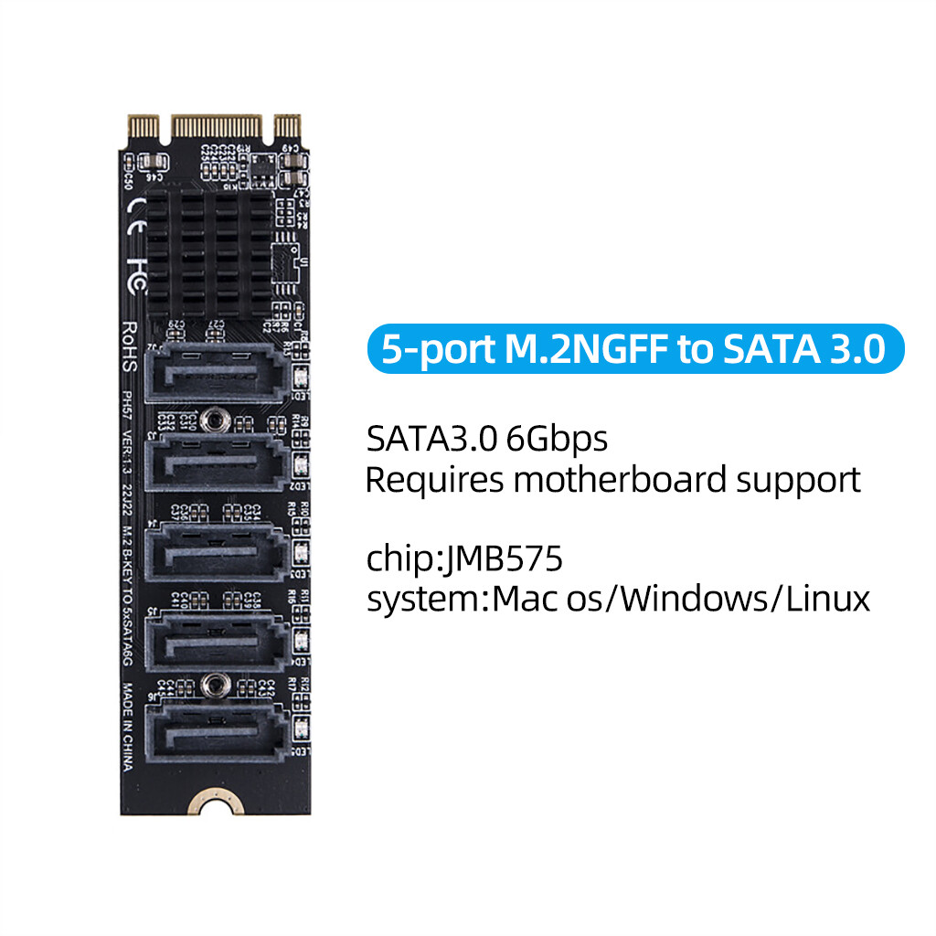 M.2 To SATA 3.0 Riser Card M2 M-KEY PCI-E Expansion Card 5/6 Port SATA3.0 6Gbps