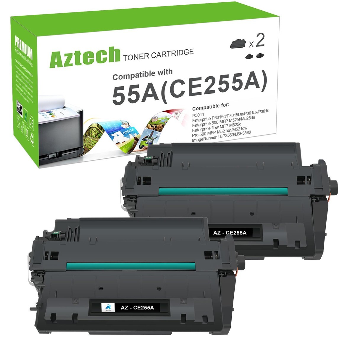Aztech CE255A 55A Black Toner Cartridge HP 55X CE255X P3015 M521dn 2 Pack 55A
