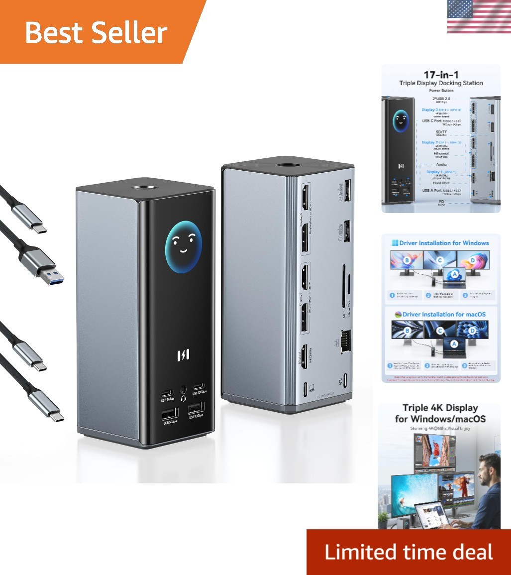 Portable Triple 4K Output Docking Station for Mac & Windows: 17-in-1 Power