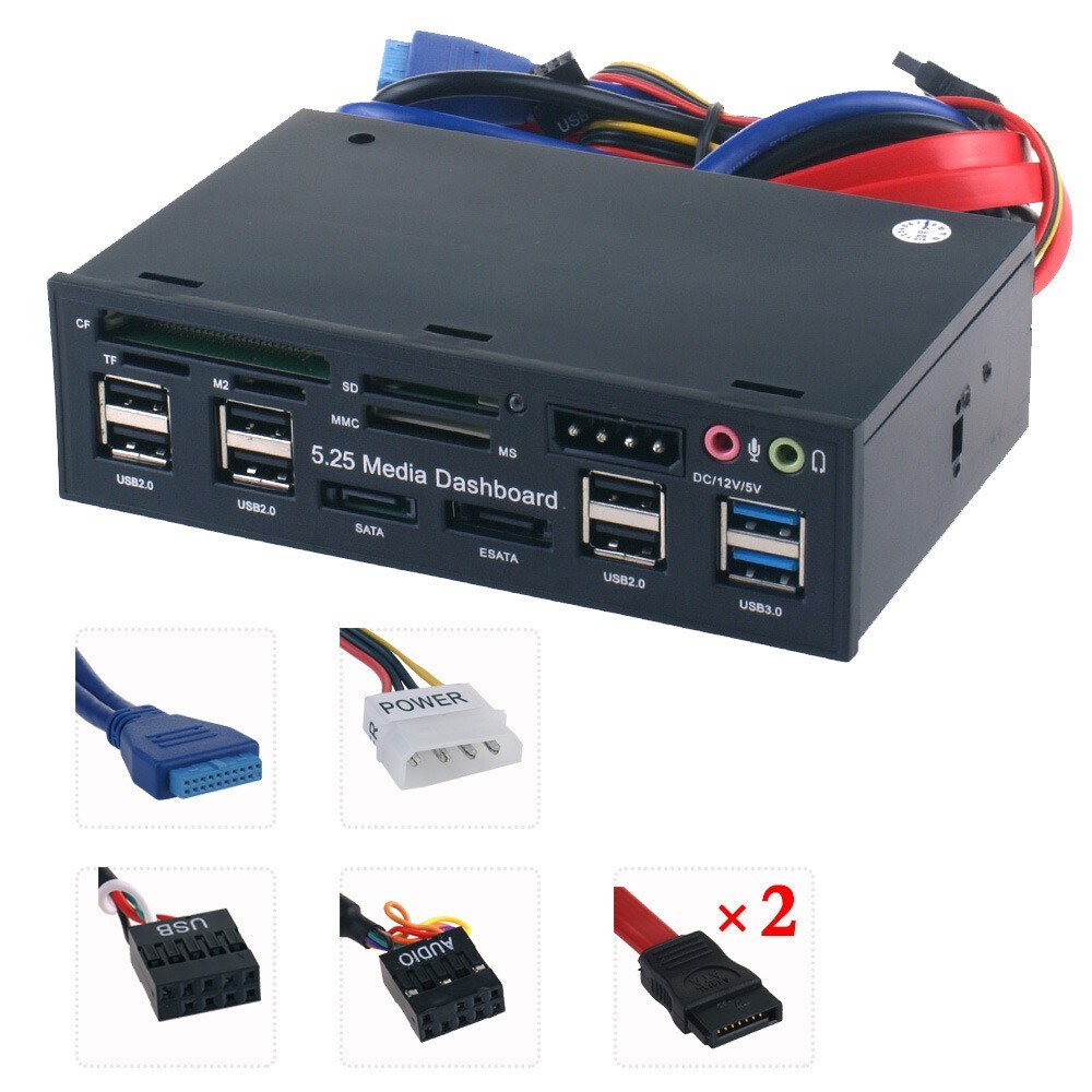 5.25" Pc Front Panel Dashboard Media Usb 3.0 Hub Audio Esata Sata Card Reader