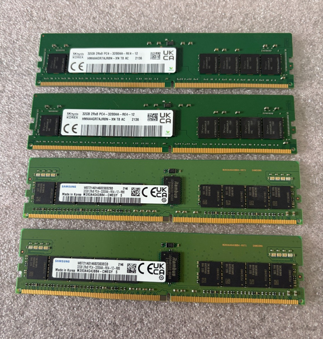 LOT OF 4 - 32GB PC4 3200AA SERVER MEMORY SAMSUNG AND SK HYNIX TESTED
