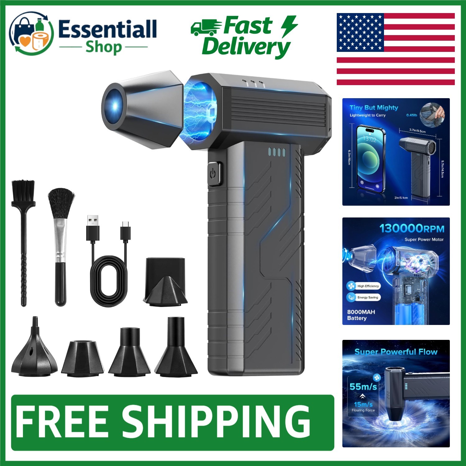 Rechargeable Keyboard Cleaner – 130,000 RPM Turbo Air Blower, Safe & Effective