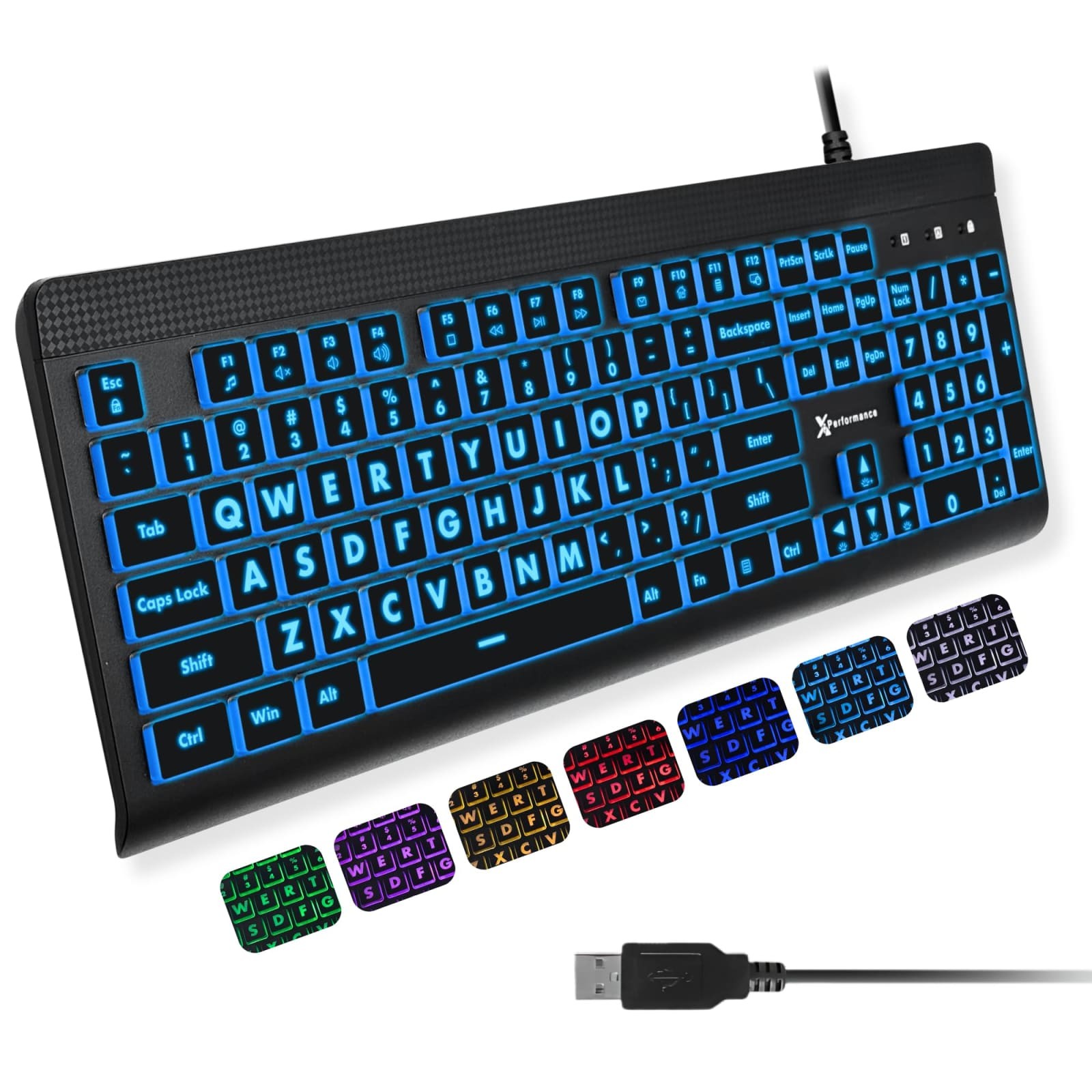 X9 Performance Large Print Backlit USB Wired Keyboard 107-Key 7-Color Full Size