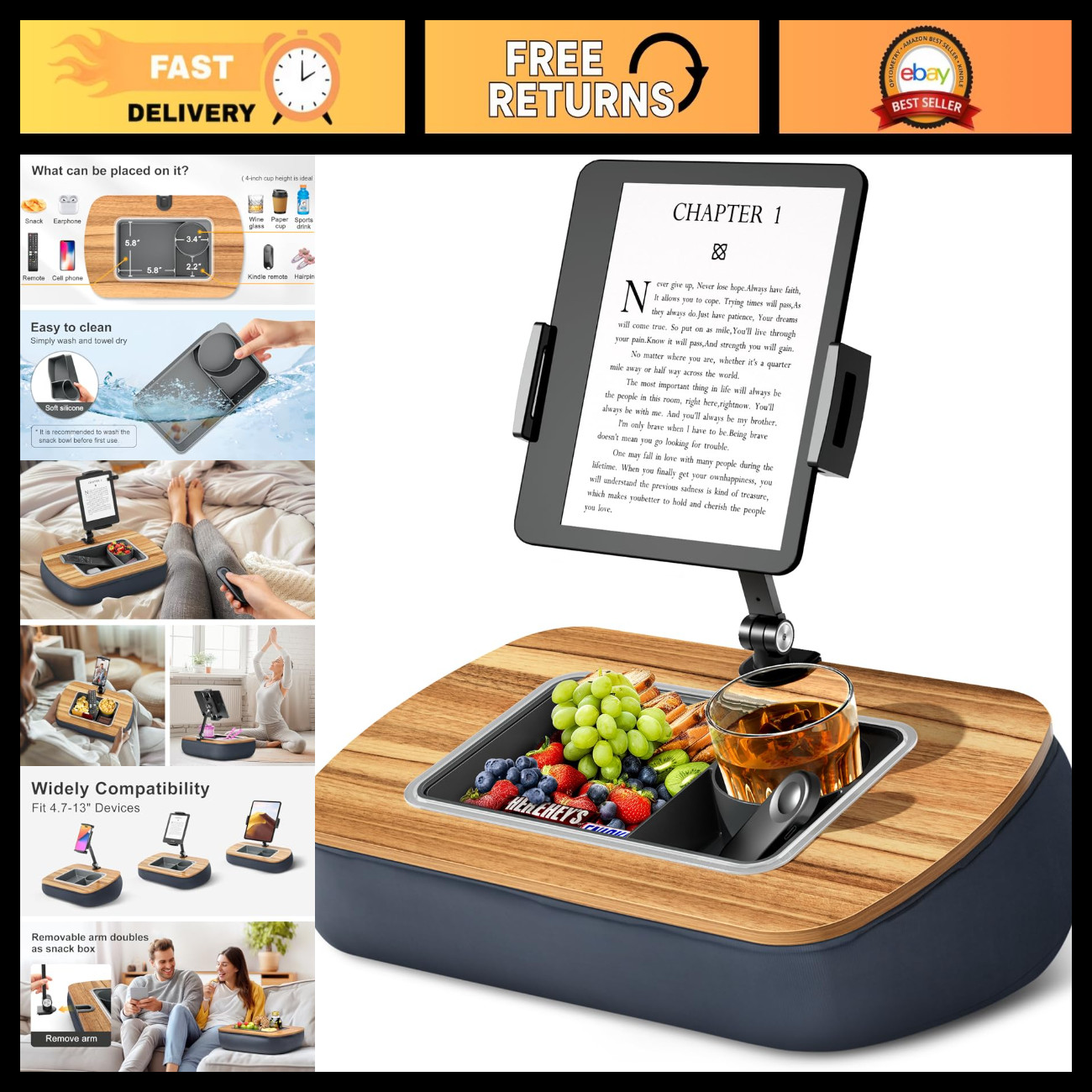 Adjustable Tablet Pillow Stand for Lap, iPad Holder with Snack Bowl, Ergonomic D
