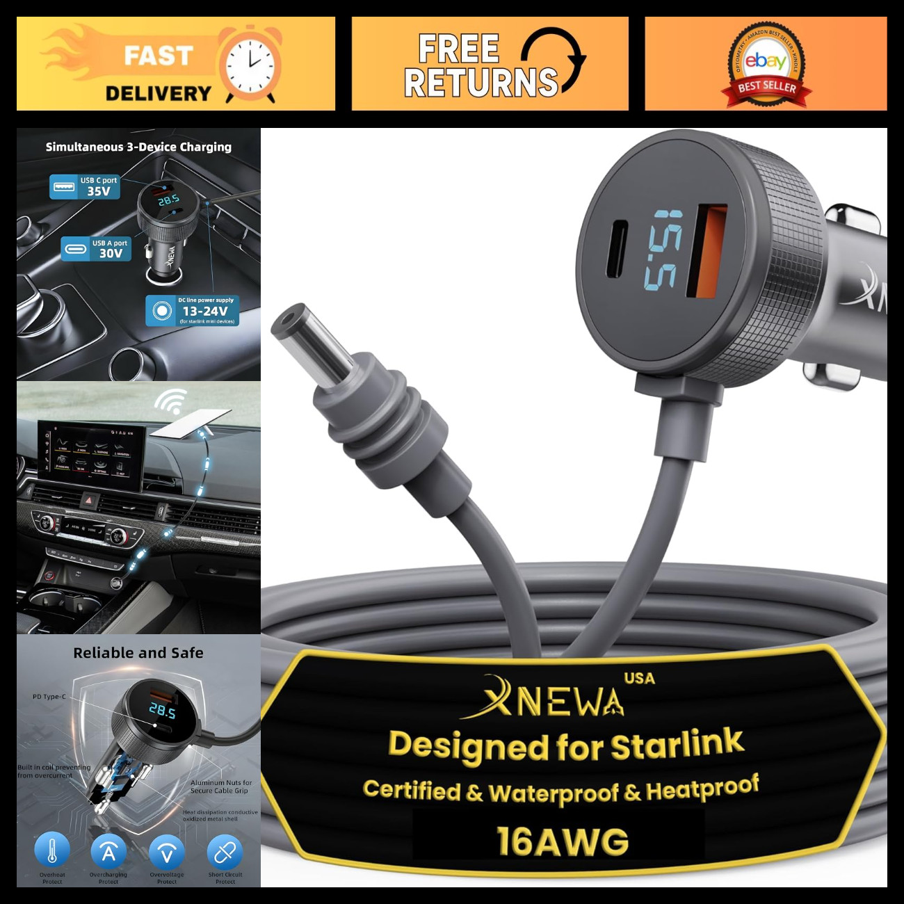 5M Mini Car Adapter & 3-in-1 Power Cable for Starlink - High-Performance Connect