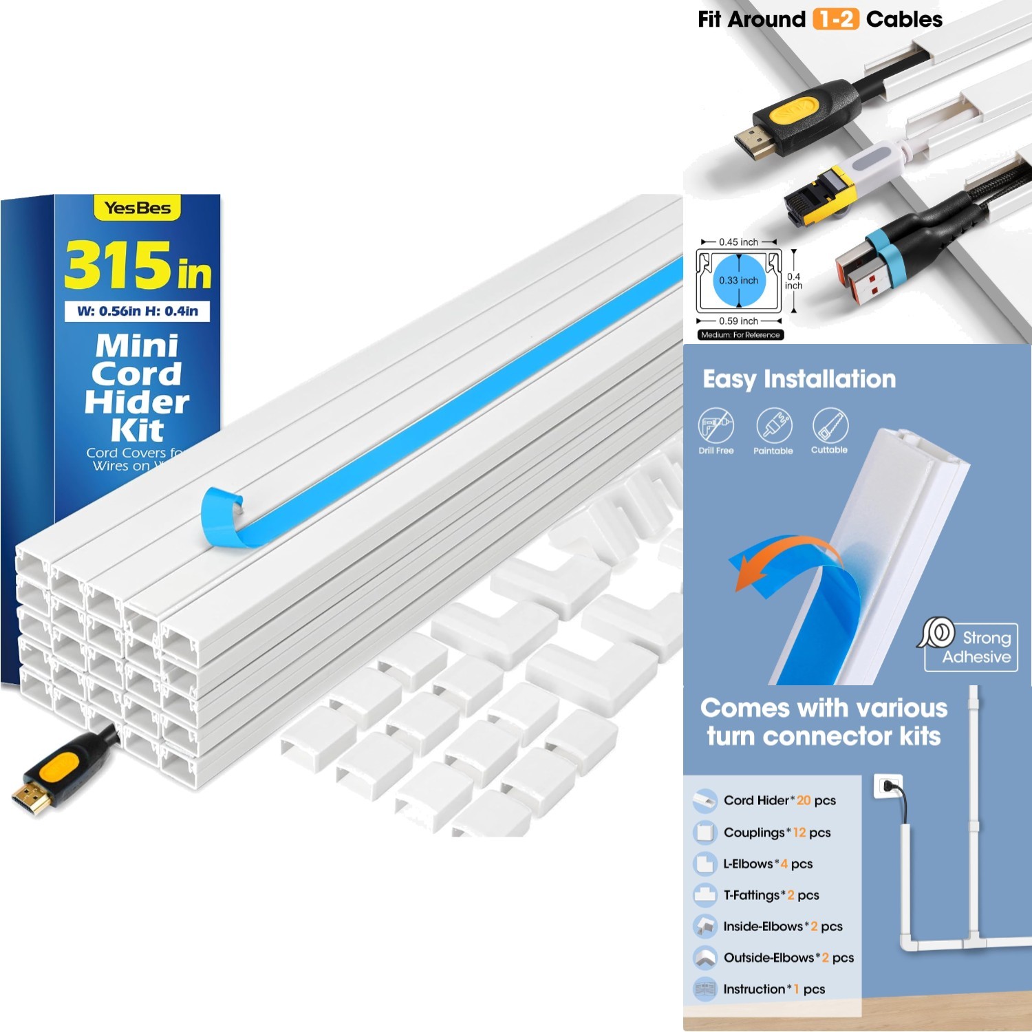 315" Cord Hider TV Cable Concealer Raceway Kit Wall Wire Cover Strip White 20x