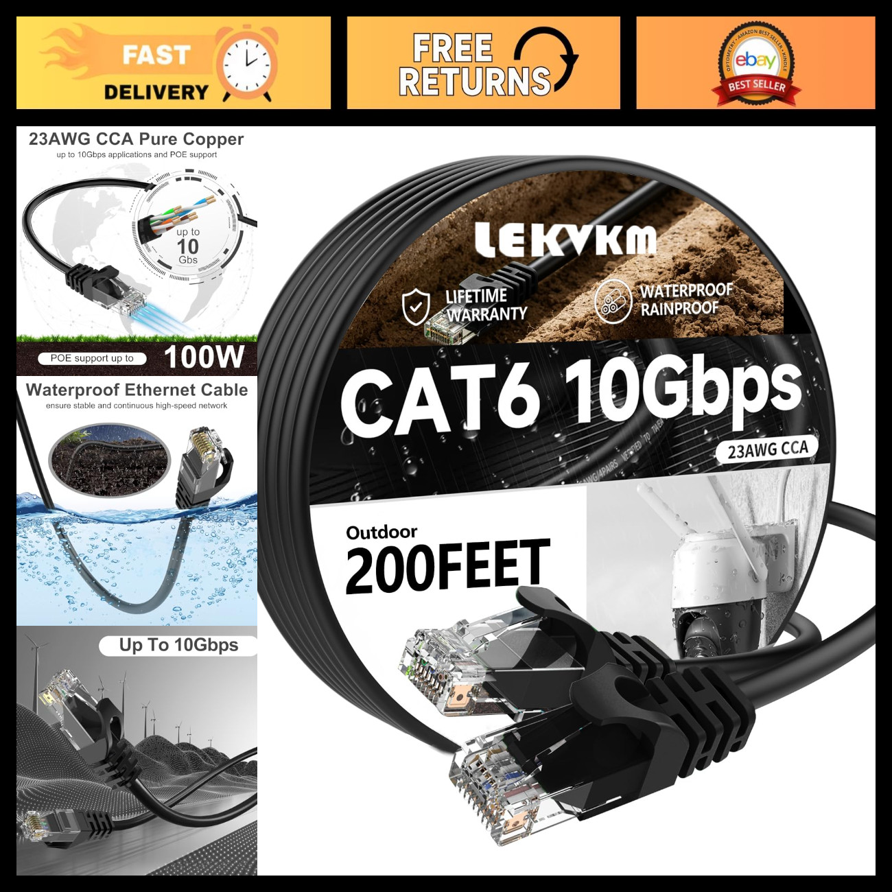 200ft Cat 6 Ethernet Cable, 23AWG CCA, Waterproof Outdoor, Direct Burial, 10Gbps